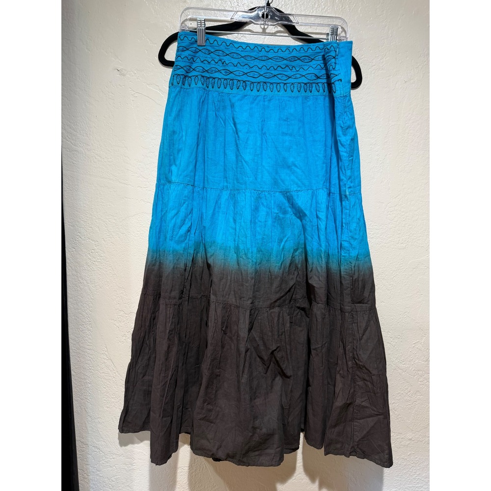 Auchan‎ Blue Brown Ombre Embroidered Cotton Tiered Boho Maxi Skirt Womens L